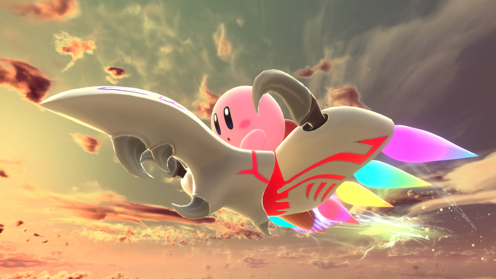 Kirby riding a winged machine through a sunset sky in Kirby Air Riders