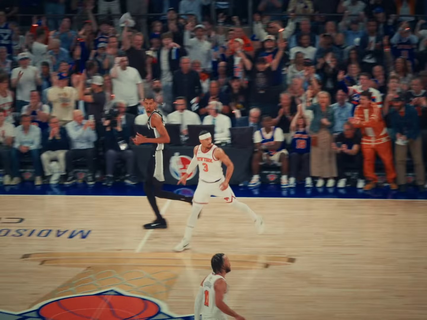Josh Hart of the New York Knicks and Victor Wembanyama of the San Antonio Spurs during the 2026 NBA Finals at Madison Square Garden