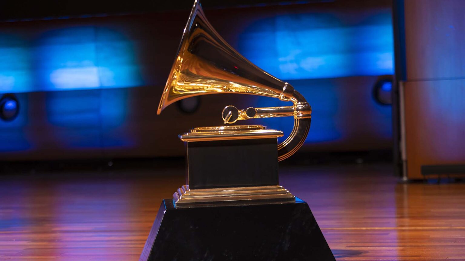 A close-up of the Grammy Award trophy