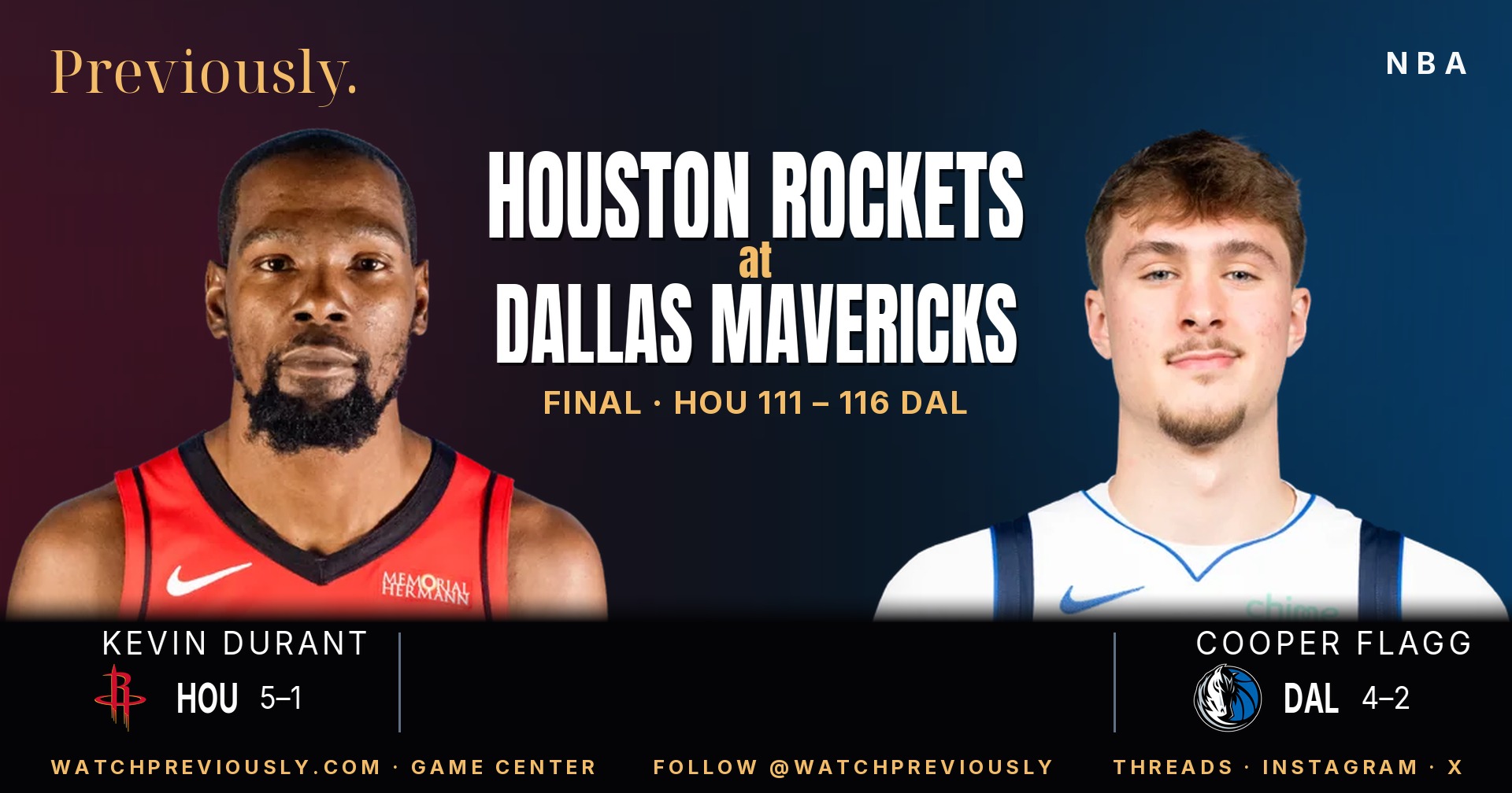 Previously matchup graphic: Houston Rockets at Dallas Mavericks — Final, HOU 111, DAL 116 — NBA Cup opener at American Airlines Center, Oct 30, 2026