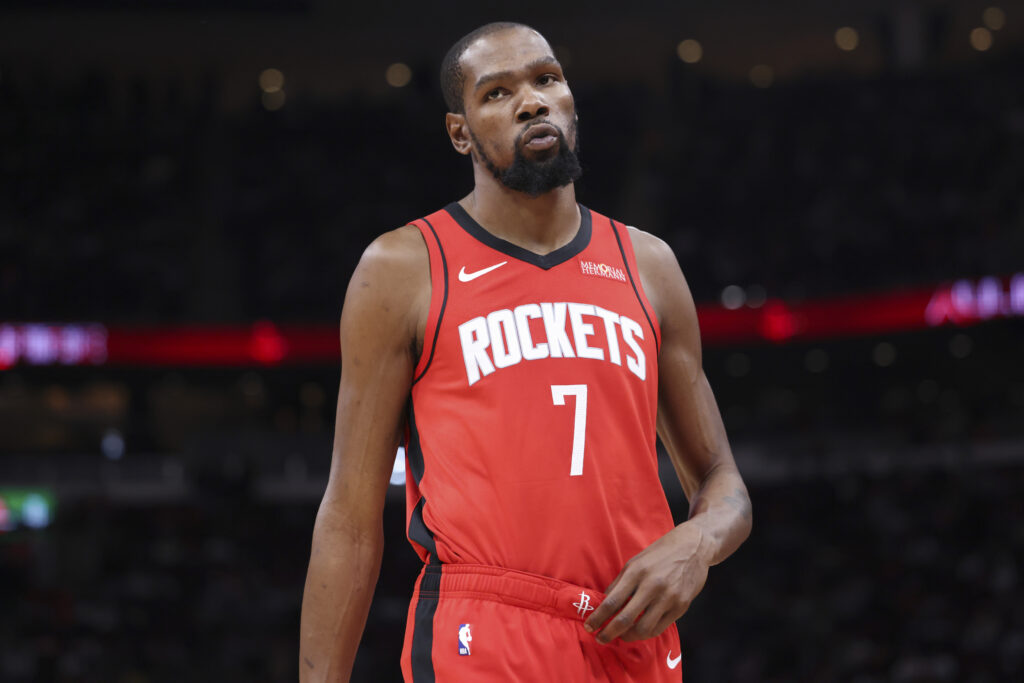 Kevin Durant in a Houston Rockets uniform — he and Irving were Nets teammates until their split in February 2023