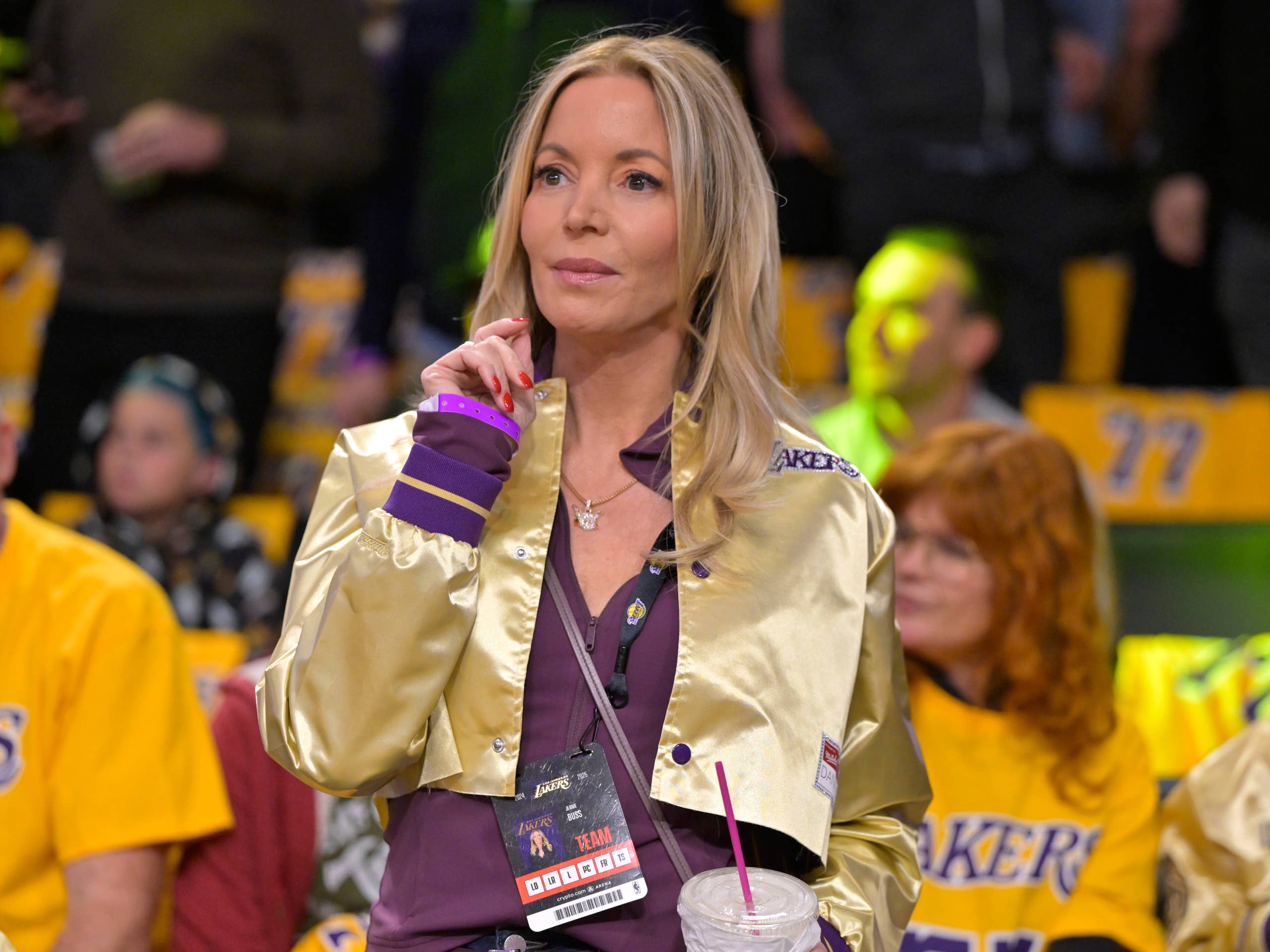 Jeanie Buss at Crypto.com Arena — the Lakers governor's five siblings voted to sell the family trust's remaining stake in the team