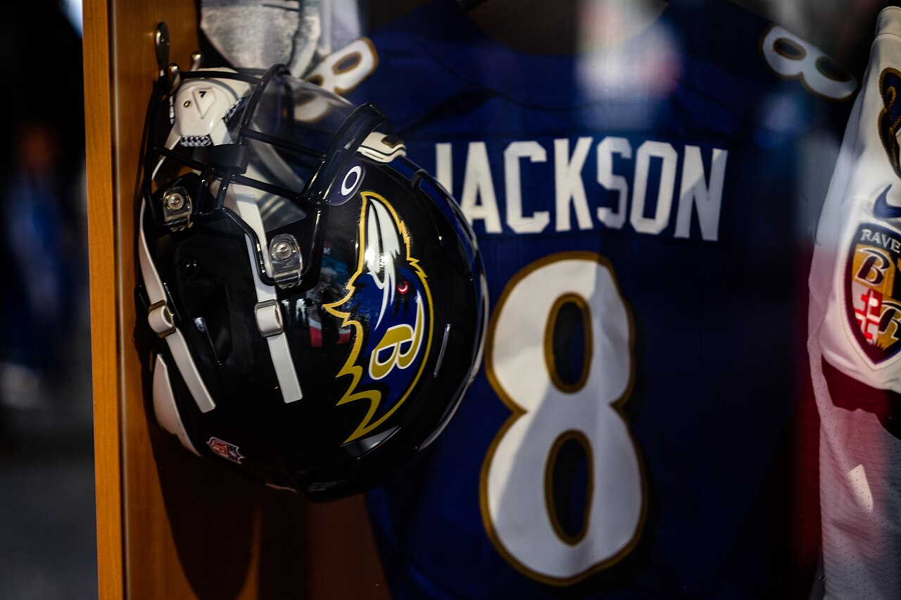 Lamar Jackson’s #8 Ravens jersey and helmet in the locker room. File photo.