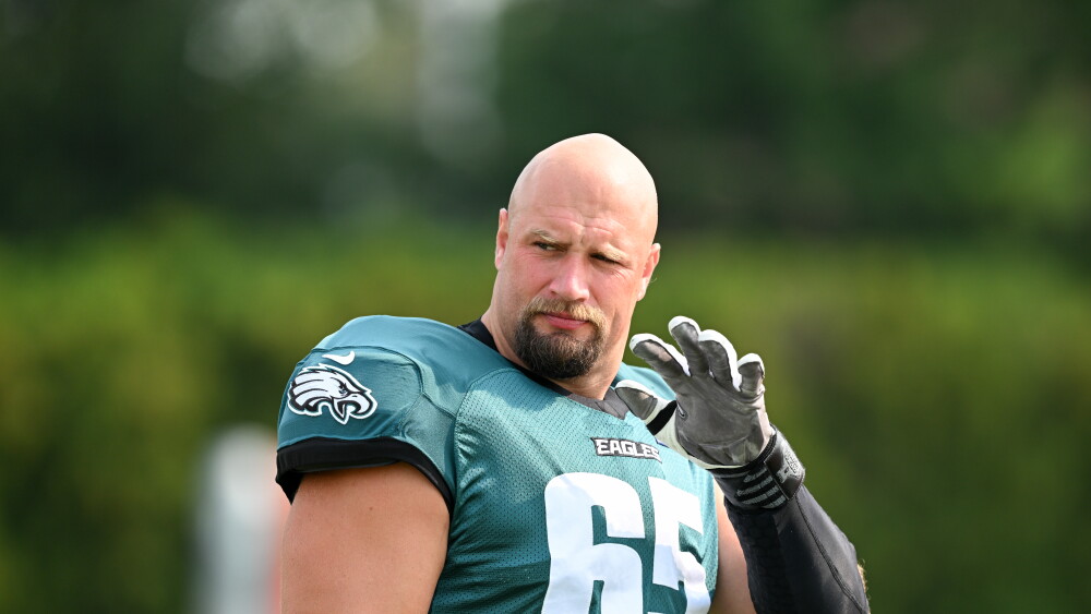 Philadelphia Eagles right tackle Lane Johnson in action, after announcing his retirement from the NFL on Oct. 6, 2026.