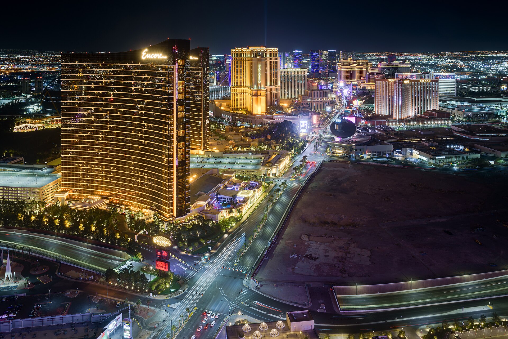 The Las Vegas Strip seen from Resorts World on the North Strip, resort towers lining Las Vegas Boulevard