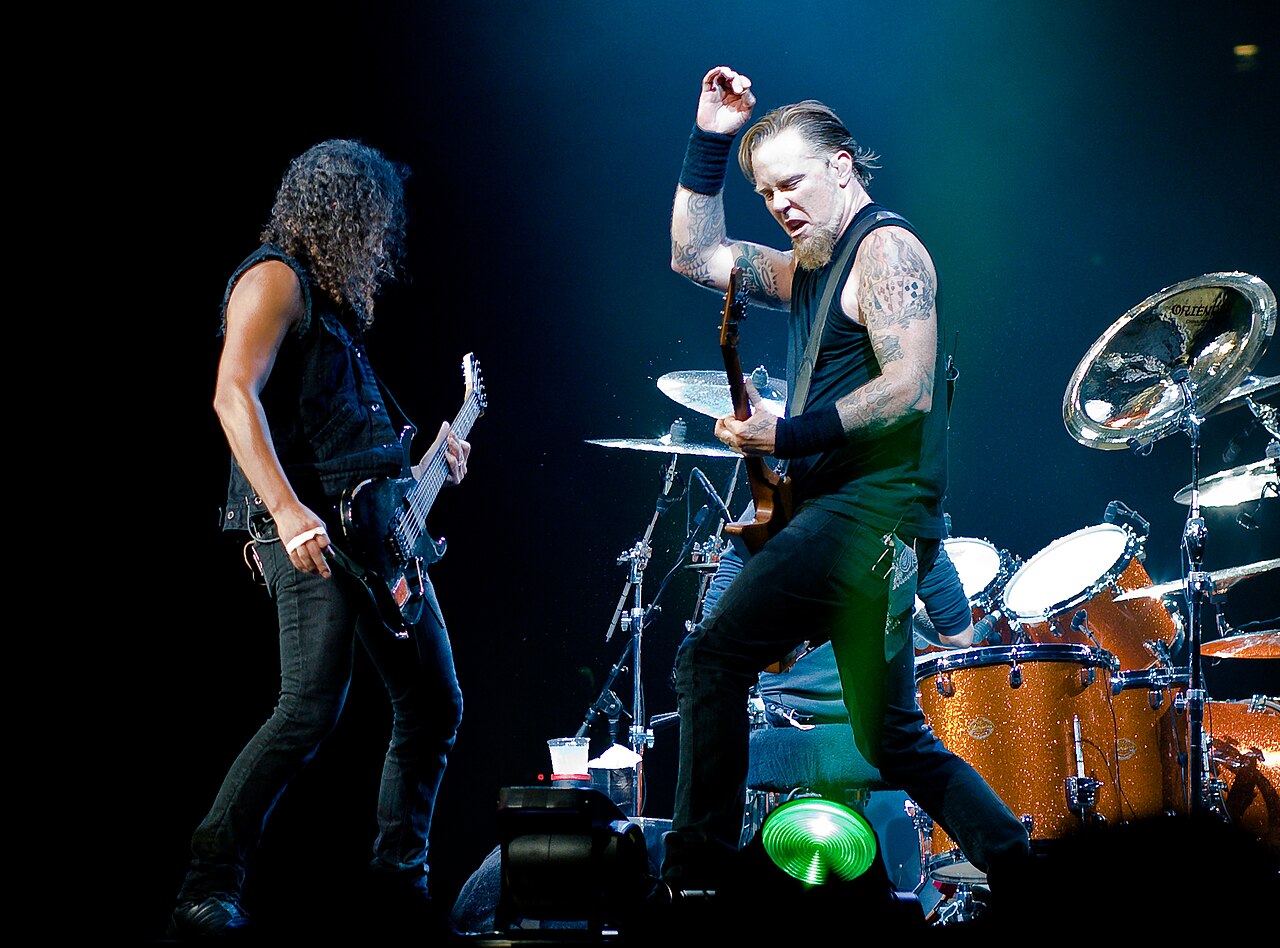 Metallica performing live: Kirk Hammett and James Hetfield.