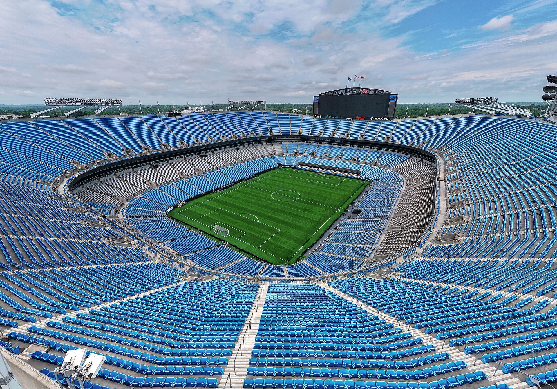 Bank of America Stadium in Charlotte on a bright day, site of the Panthers’ 32-26 Sunday night win over the Lions