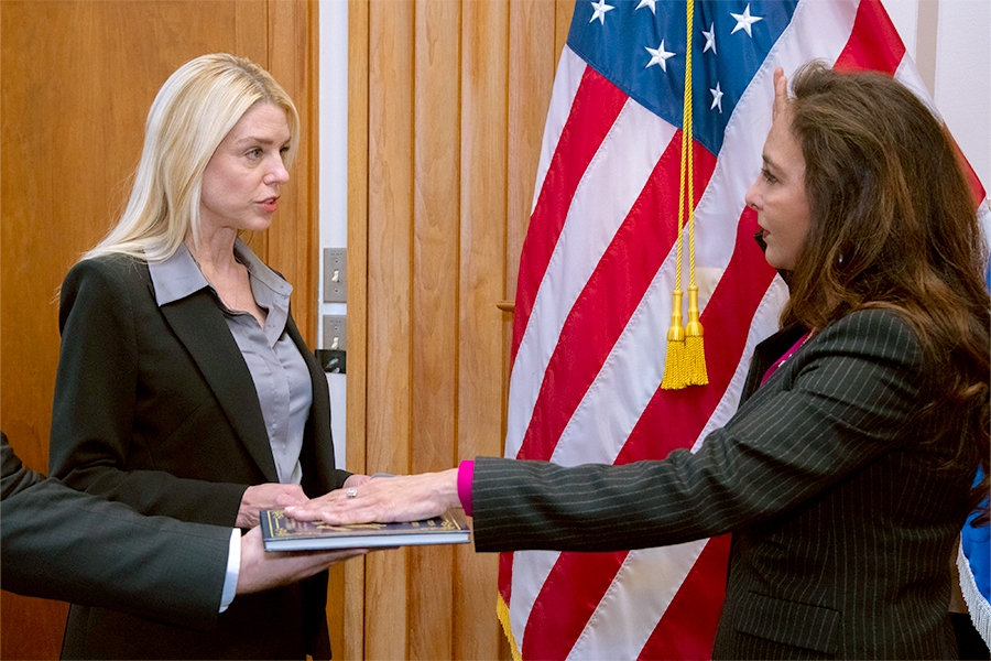 Attorney General Pamela Bondi swearing in Harmeet Dhillon as Assistant Attorney General for Civil Rights