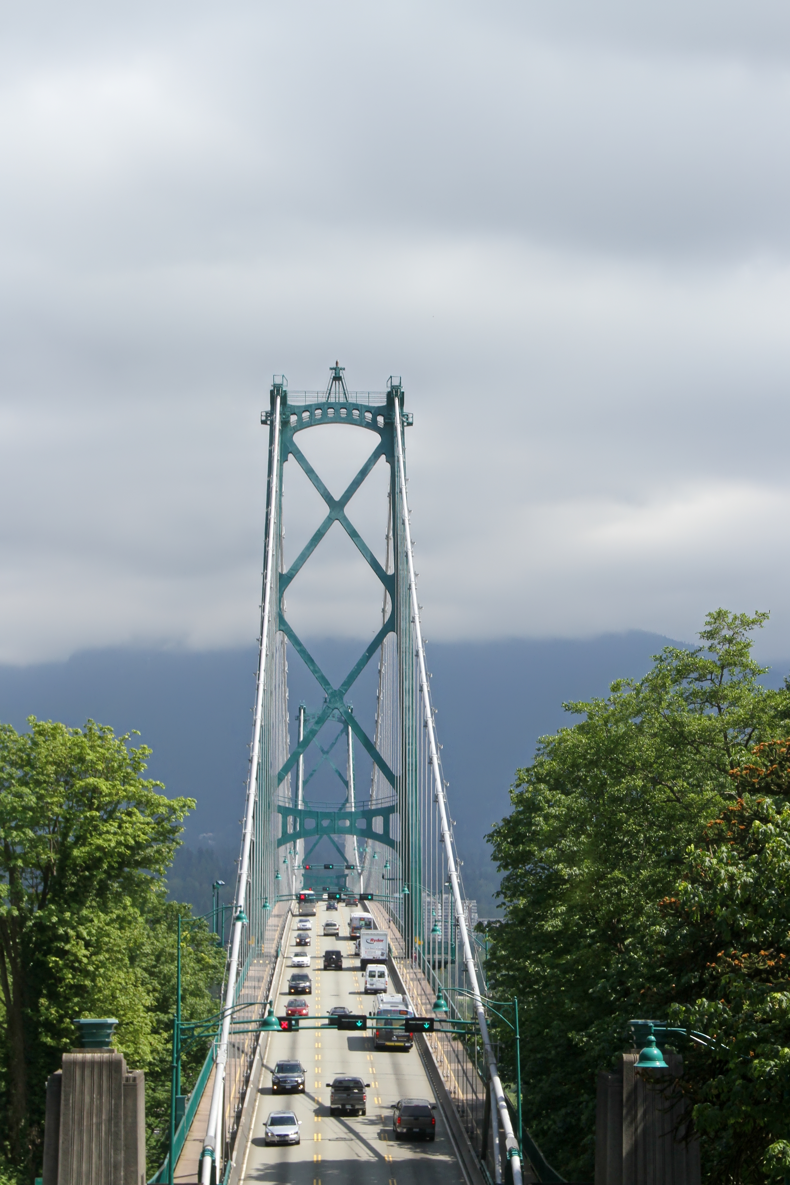 The Lions Gate Bridge in Vancouver in daylight, the landmark Lionsgate is named for