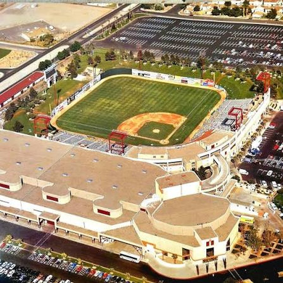 An aerial view of the modern Cashman Field and its parking lots in downtown Las Vegas