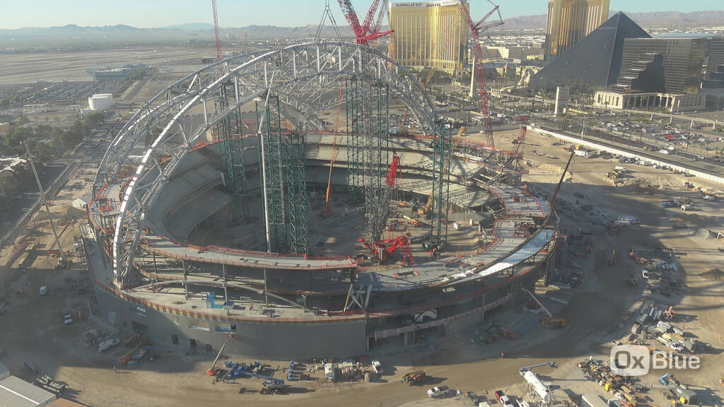 Aerial view of the Athletics Las Vegas ballpark under construction on the south Strip