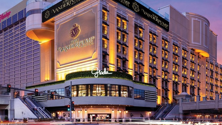 The Vanderpump Hotel exterior on the Las Vegas Strip, with Giada restaurant visible at the corner