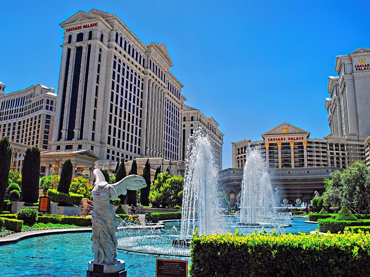 Caesars Palace exterior and fountains on the Las Vegas Strip on a bright day