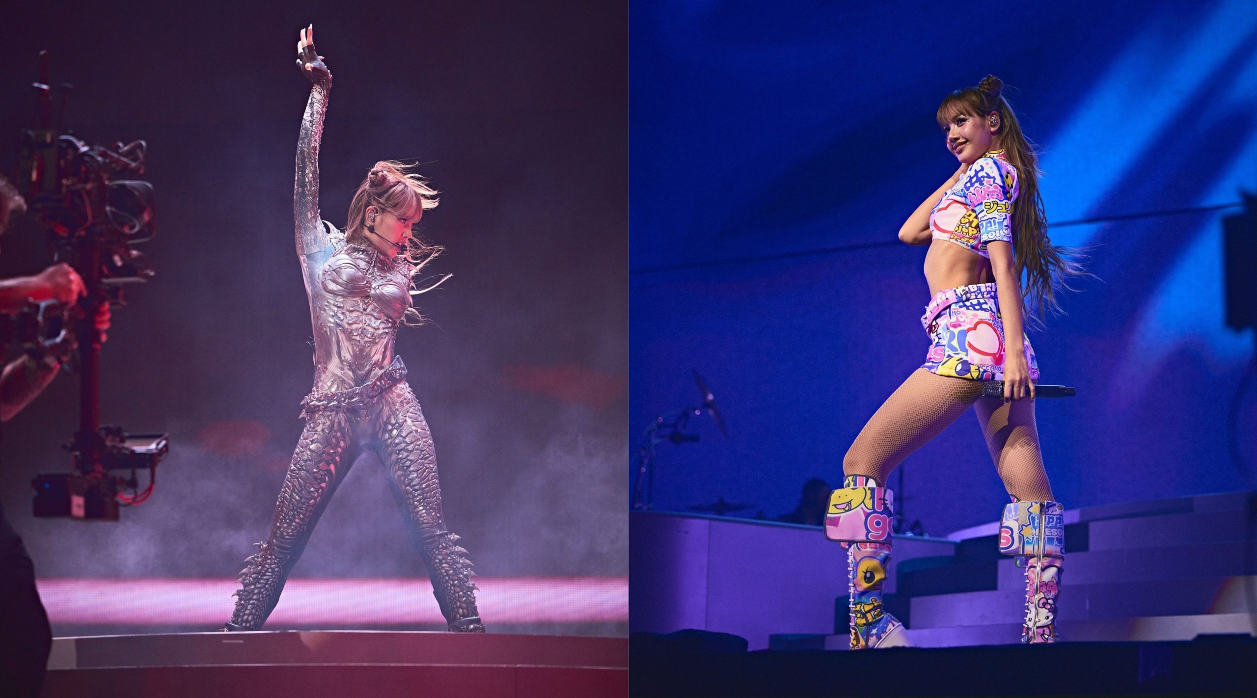 LISA performing in two costume looks during her Coachella 2025 set at the Sahara Tent