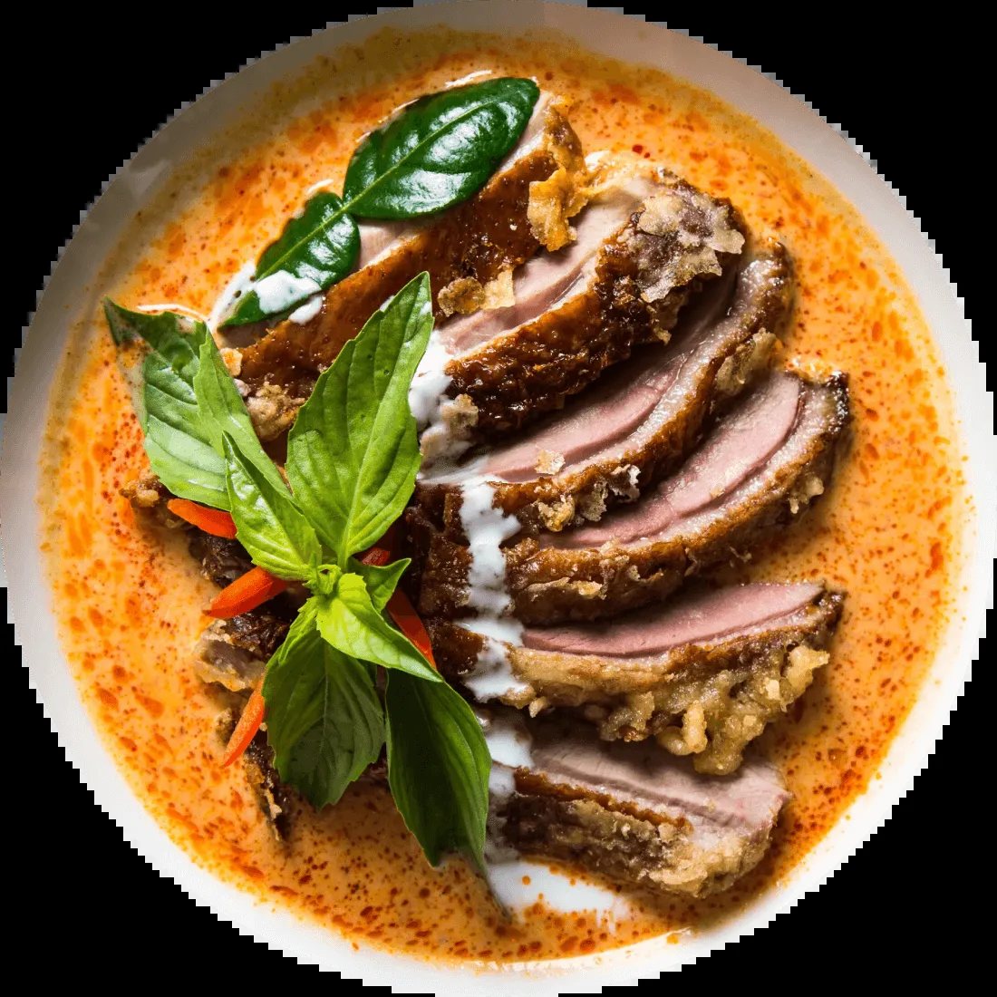 Crispy duck in red curry with basil at Lotus of Siam.