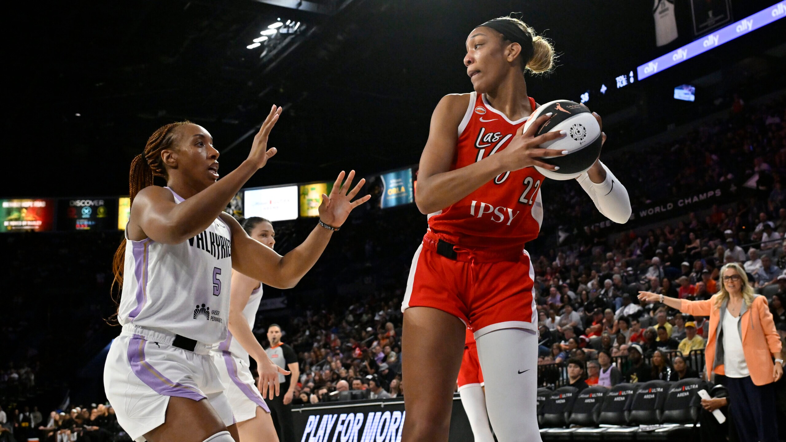 Las Vegas Aces star A'ja Wilson handles the ball during a game