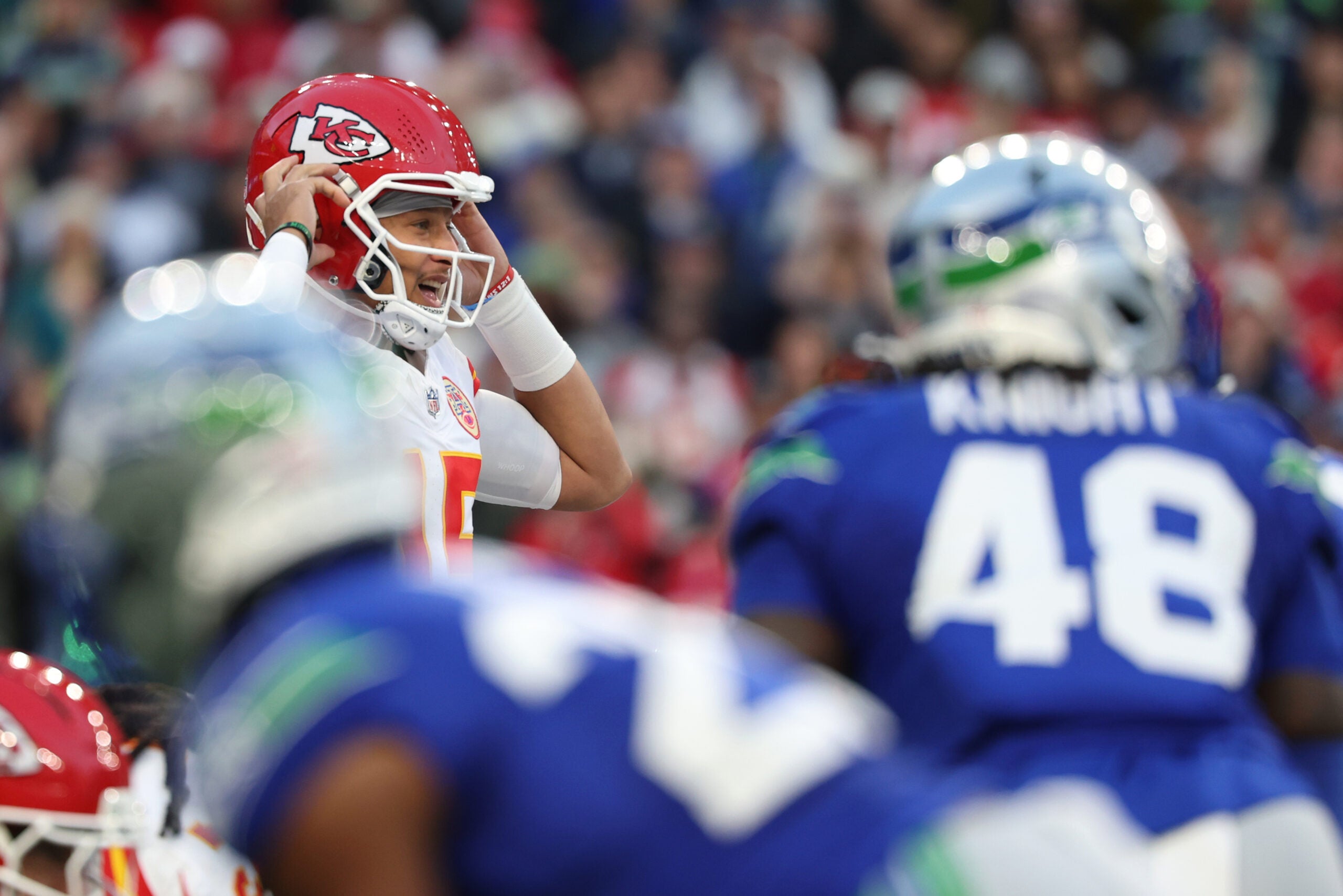 Patrick Mahomes of the Kansas City Chiefs calls a play at the line of scrimmage against the Seattle Seahawks during the first quarter at Lumen Field in Seattle on October 25, 2026