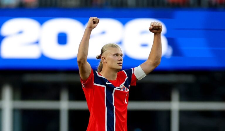 Erling Haaland celebrates for Norway — seven goals in seven appearances to start the season for Manchester City