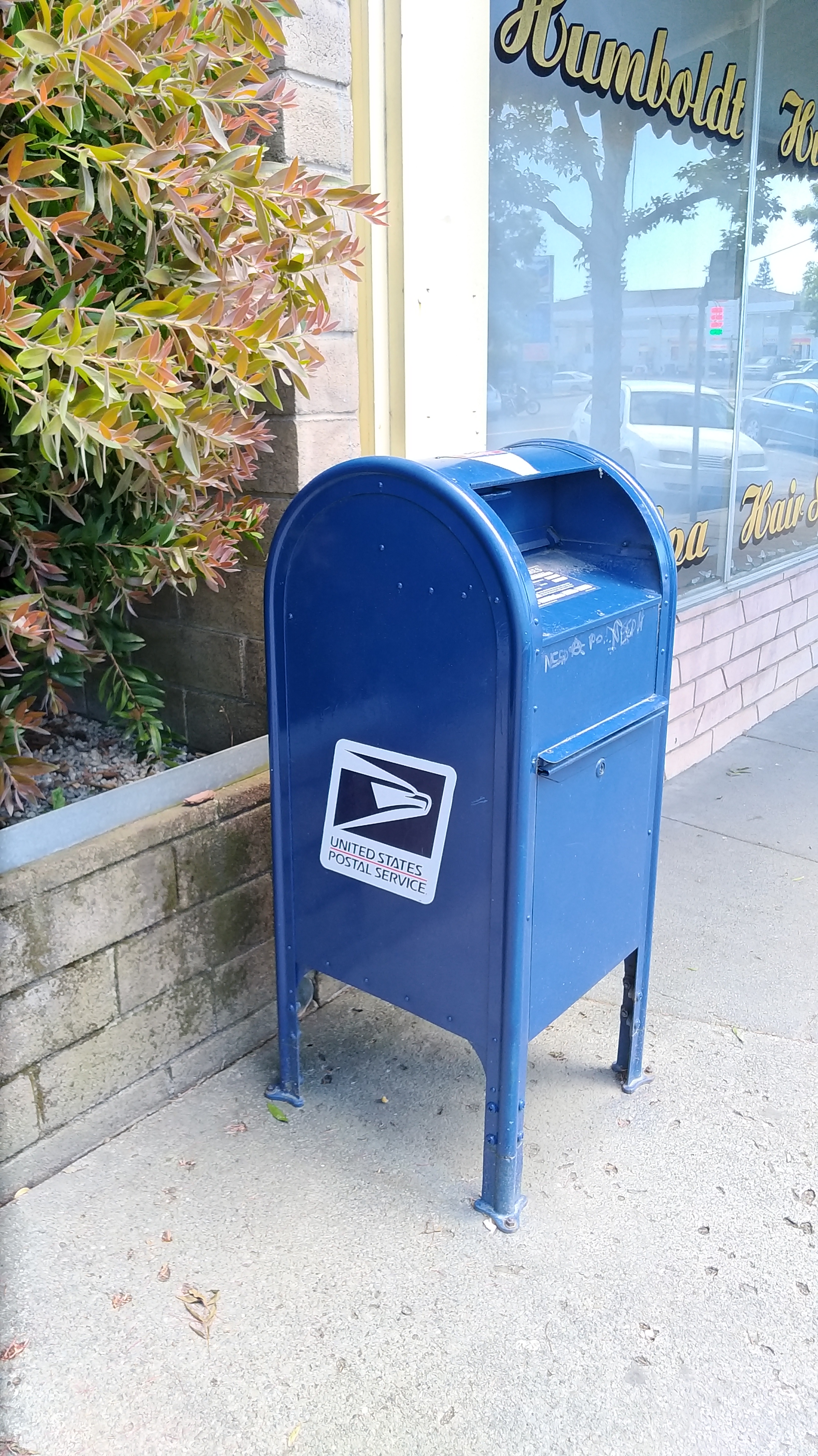 A blue U.S. Postal Service collection box on a sidewalk