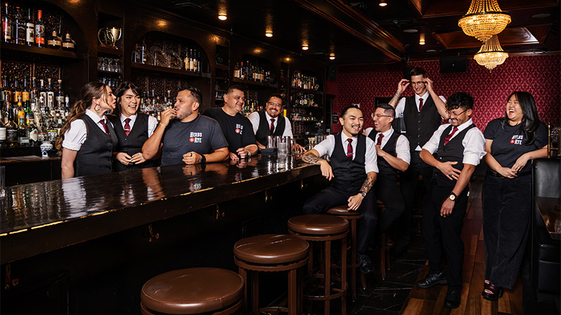 The bartending team at Herbs & Rye in Las Vegas, where the Martinez sits in the Gothic Age section of the era-organized menu