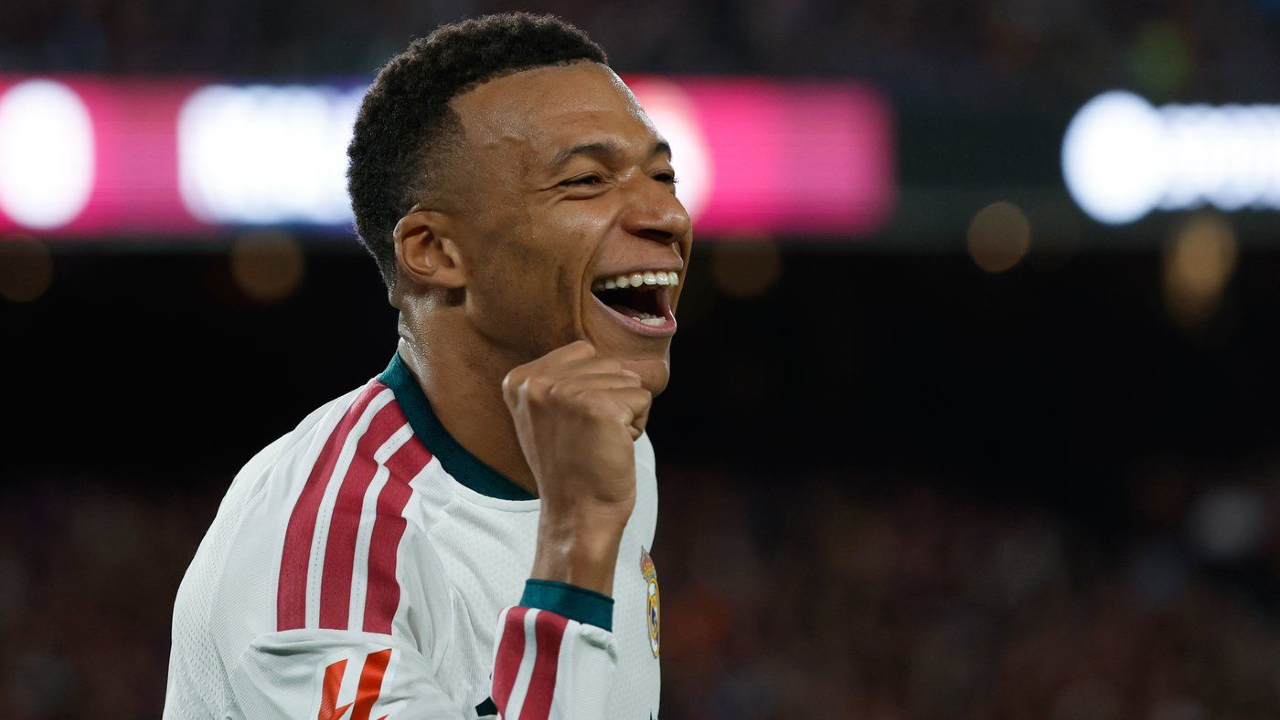 Real Madrid's Kylian Mbappé celebrates after scoring the opening goal against Barcelona at Camp Nou, October 25, 2026