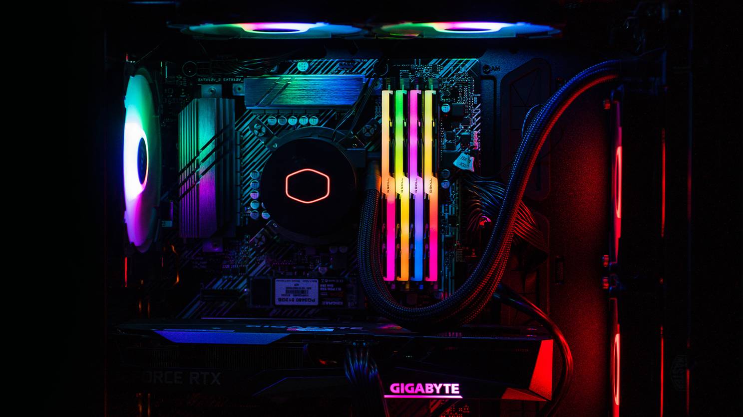 Gaming motherboard with memory slots and RGB lighting