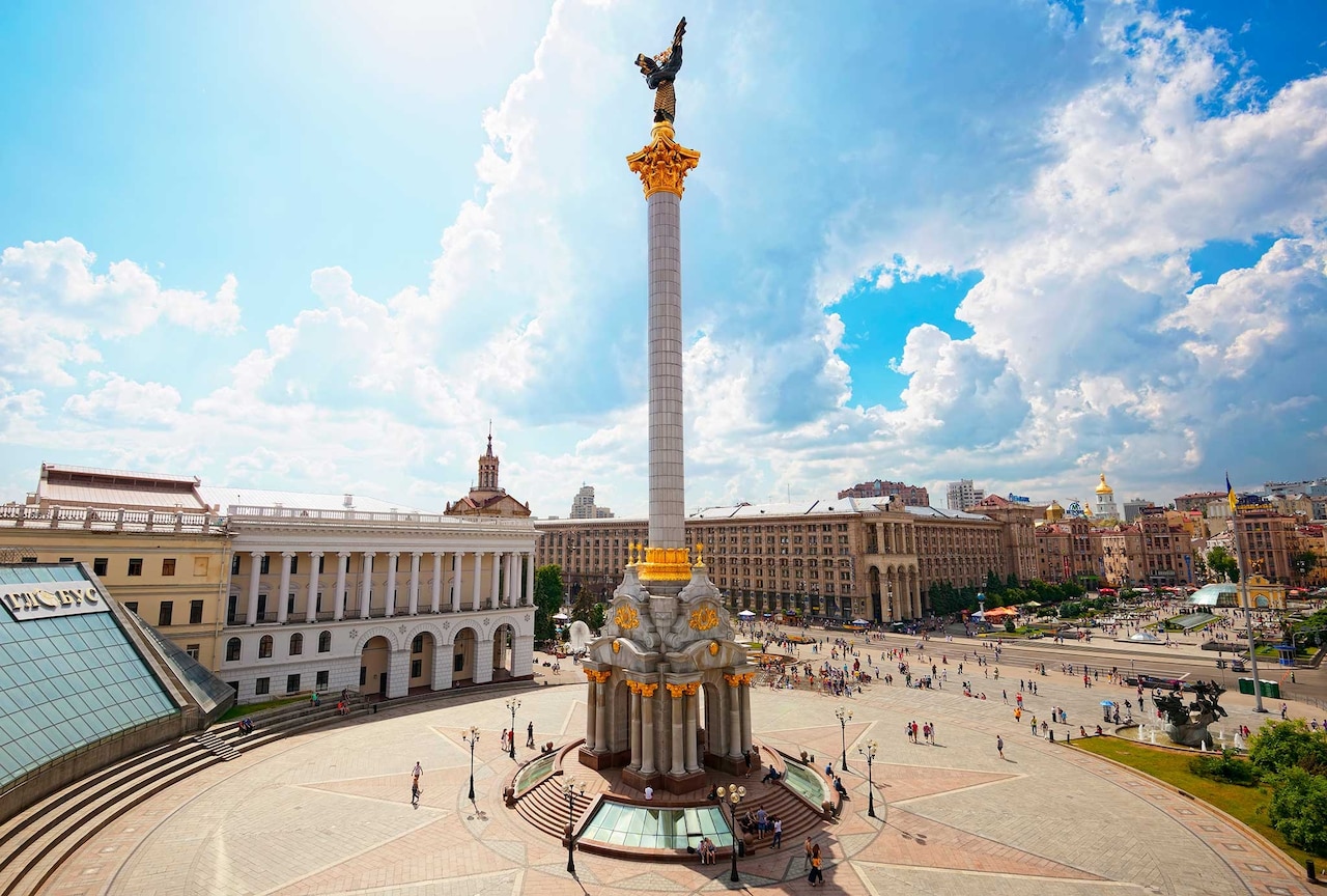 Independence Square in Kyiv, Ukraine, with the Independence Monument, in daylight