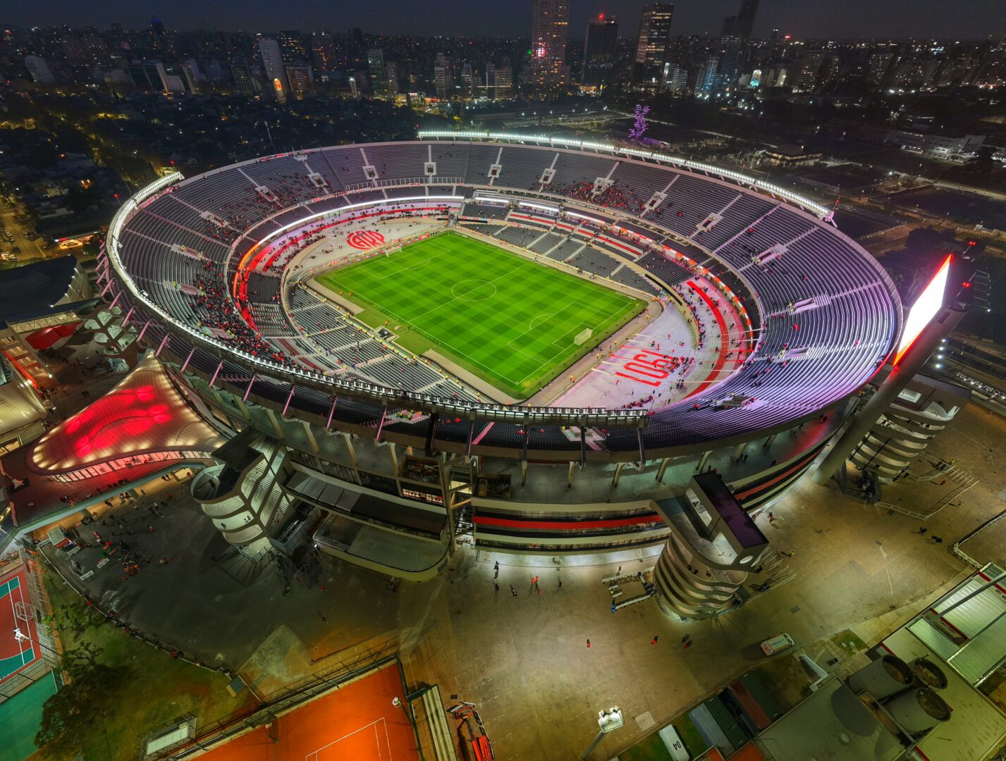 Aerial view of the Estadio Monumental in Buenos Aires at night