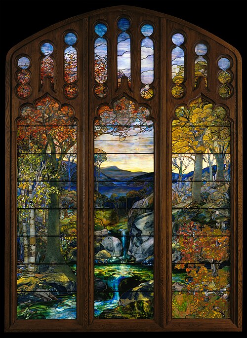 Louis Comfort Tiffany's Autumn Landscape, a glowing stained-glass-style landscape design