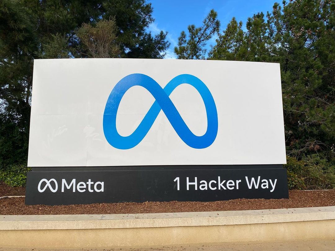 The Meta headquarters sign in Menlo Park, California, in daylight