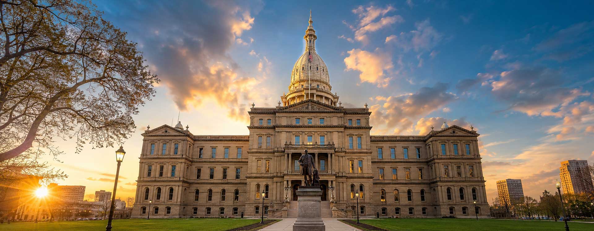 The Michigan State Capitol in Lansing on a bright day
