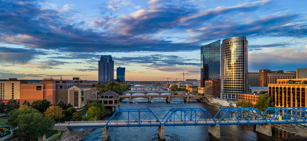 Downtown Grand Rapids, Michigan, where tonight's debate takes place at the WOOD-TV studio