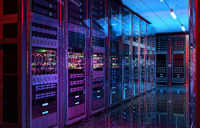 Rows of servers inside a modern AI data center