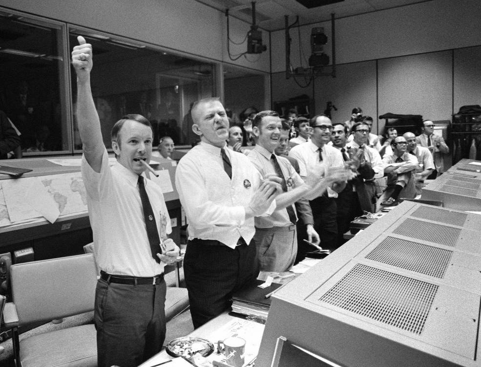 Mission Control celebrates in Houston during the Apollo era