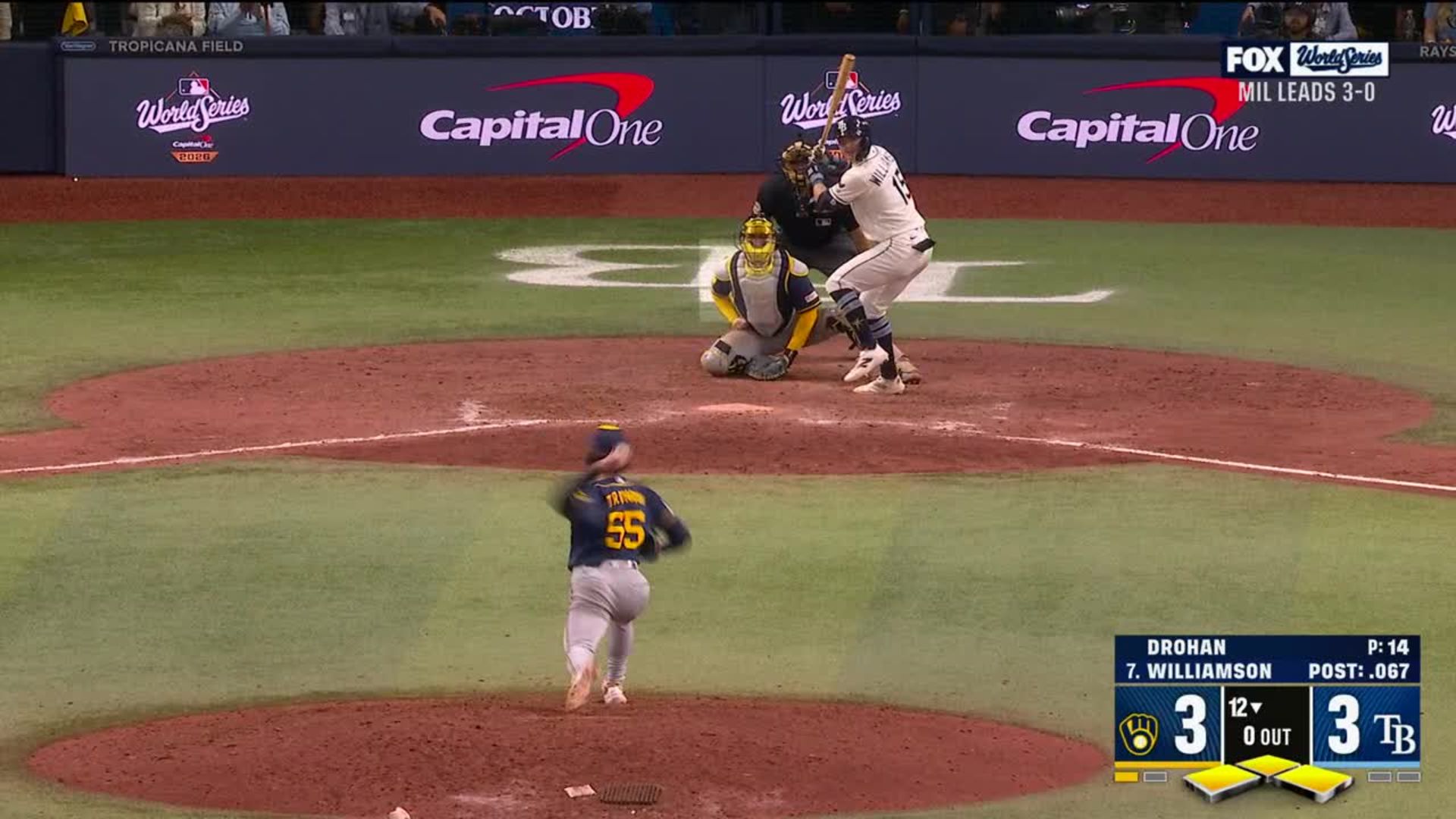 Ben Williamson of the Tampa Bay Rays (No. 13) at the plate against Milwaukee Brewers pitcher Shane Drohan (No. 55) in the bottom of the 12th inning of World Series Game 4 at Tropicana Field — bases loaded, 3–3, the walk-off at-bat