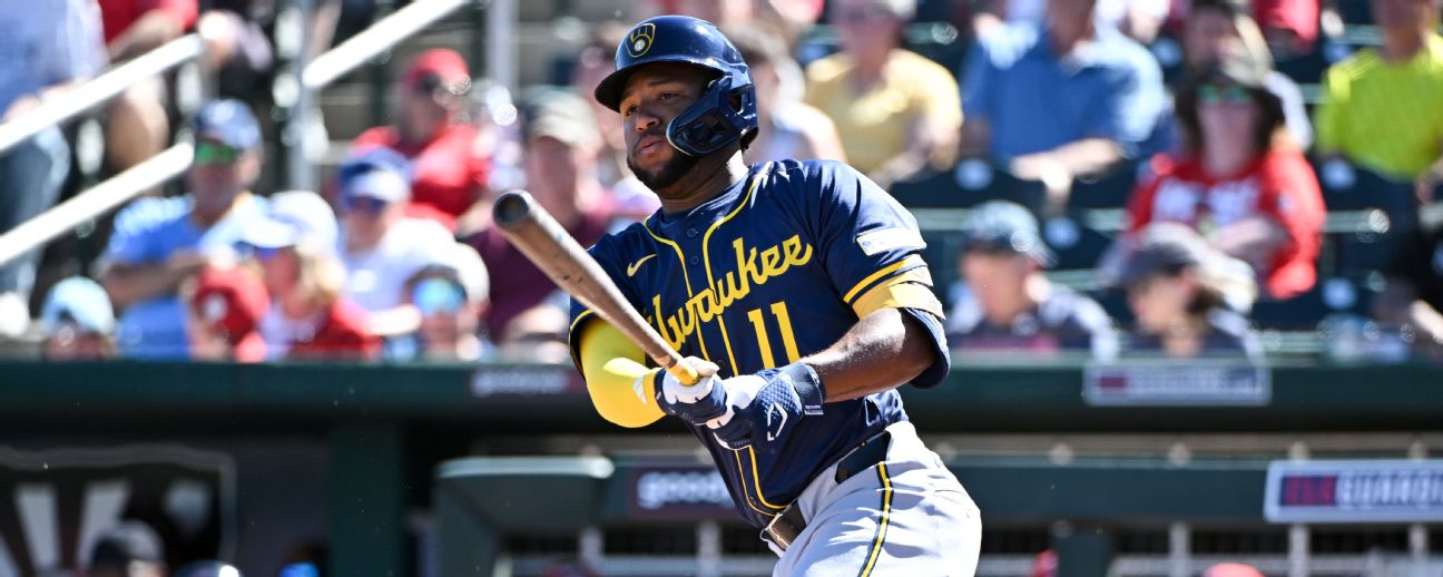 Milwaukee Brewers outfielder Jackson Chourio batting in the navy Milwaukee uniform