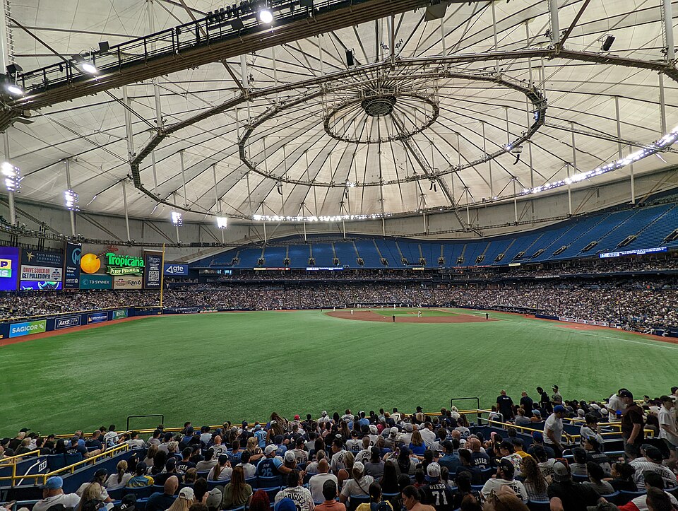 A packed Tropicana Field in St. Petersburg, where the Tampa Bay Rays beat the New York Yankees 1-0 in Game 1 of the ALDS behind Drew Rasmussen's near no-hitter.