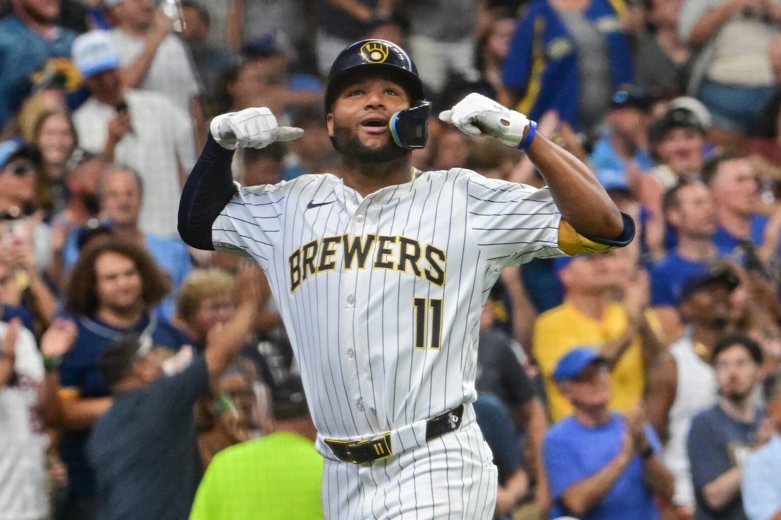 Milwaukee Brewers outfielder Jackson Chourio celebrates during the postseason at American Family Field