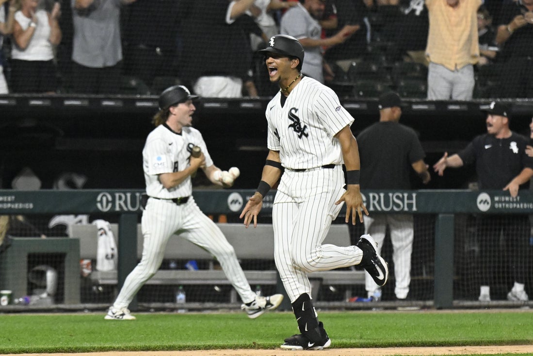 Chicago White Sox outfielder Braden Montgomery celebrates on the field
