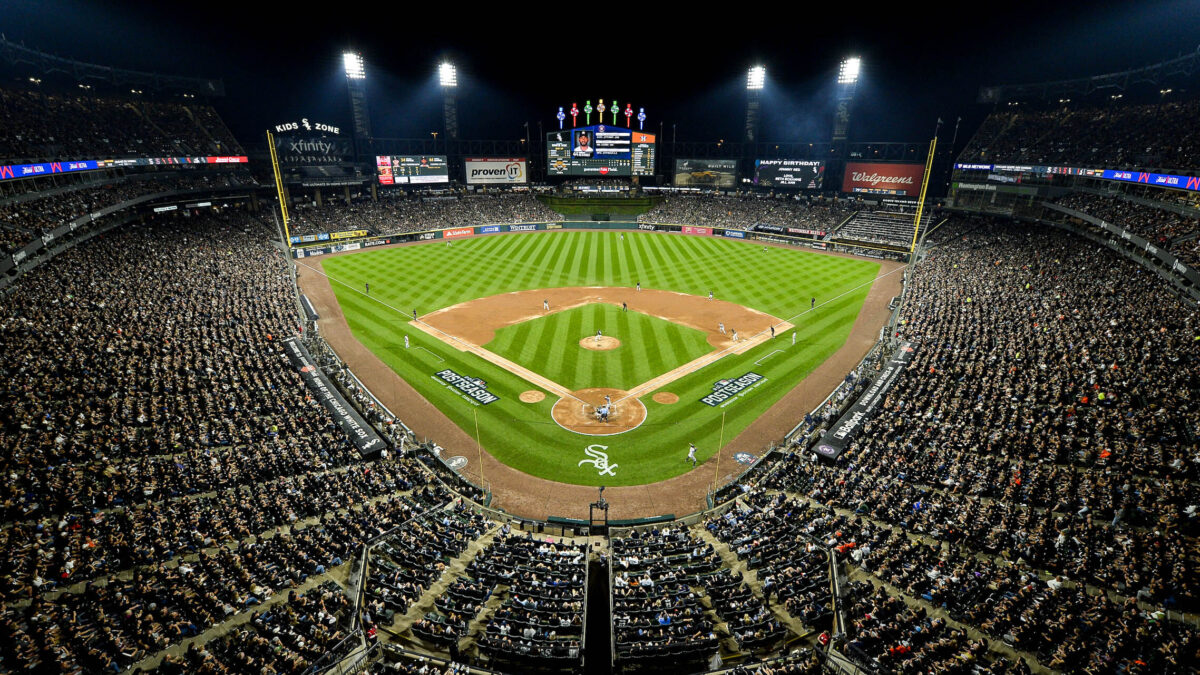 A packed White Sox ballpark at night during the postseason