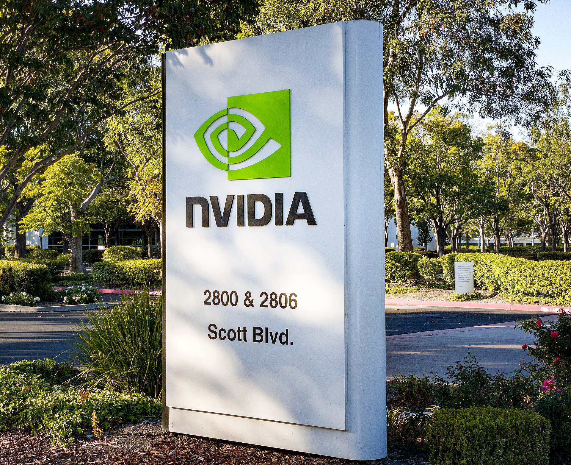 The Nvidia sign outside the company's headquarters campus on Scott Boulevard in Santa Clara, California, on a bright sunny day.