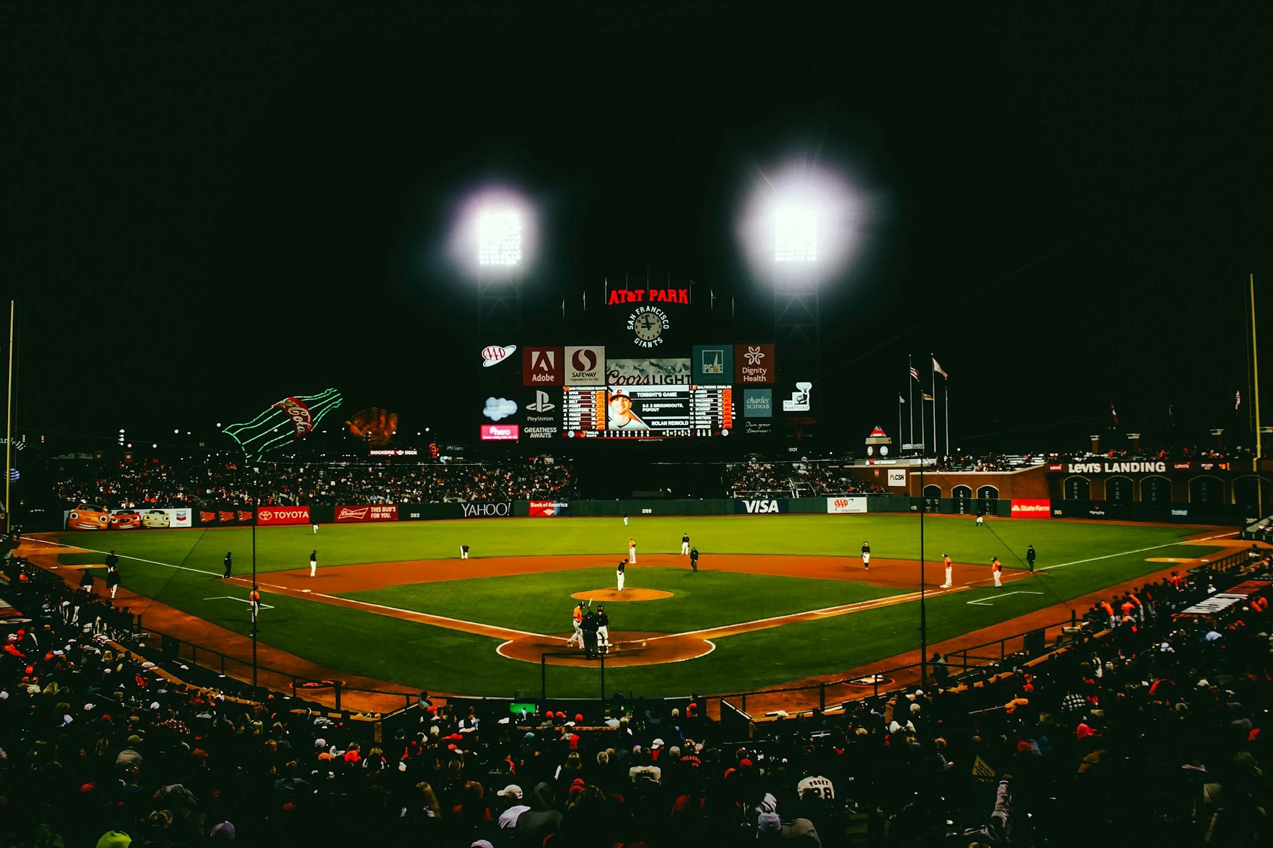 A night game under the lights at a major league ballpark.