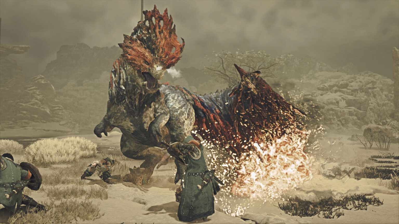 Monster Hunter Wilds key art showing a hunter facing a large monster in the Forbidden Lands