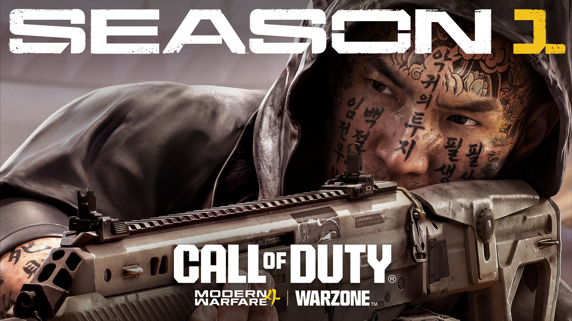 Official Season 1 key art — Blix, the Battle Pass’s instant-reward operator, holding the Cronen Osprey, under the banner ‘Season 1 — Modern Warfare 4 | Warzone’