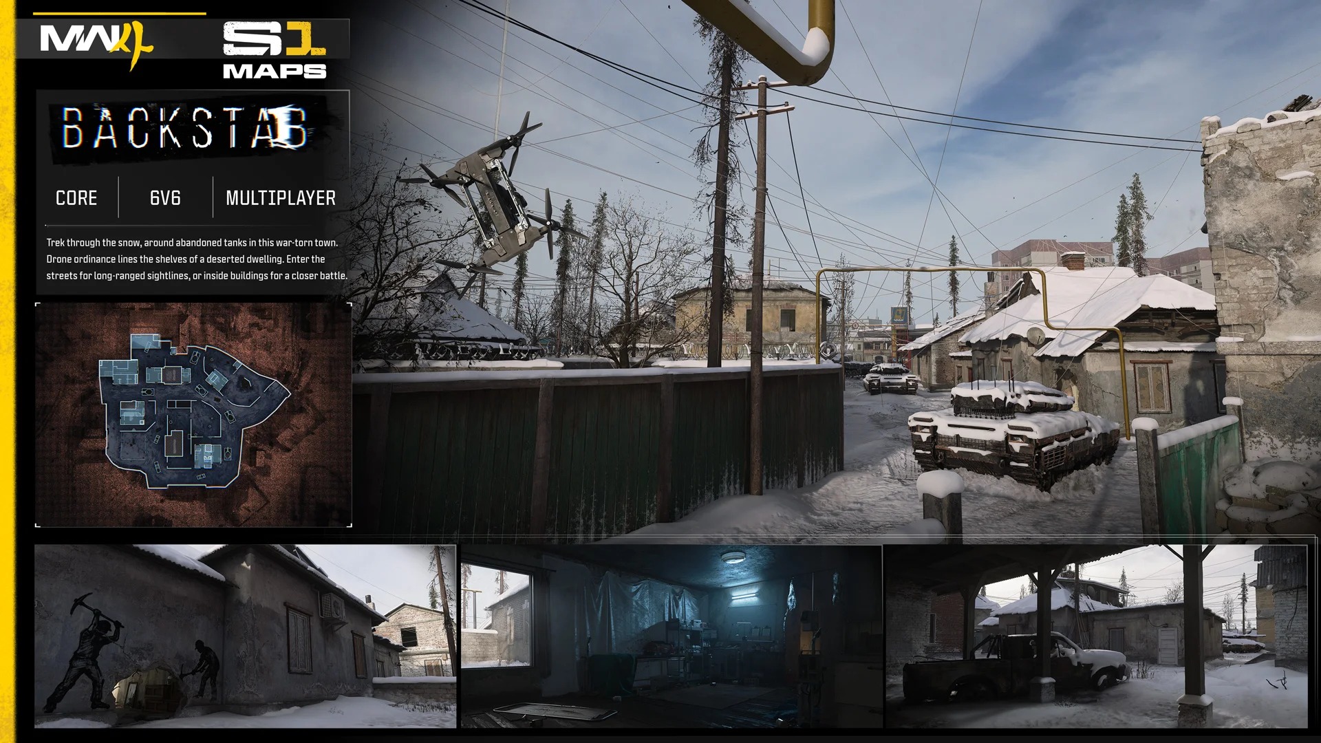 The official Backstab map board from Activision’s Season 1 briefing — the snowed-in, war-torn town, its layout and the Stronghold House, Sniper House and Destroyed Building vantage points