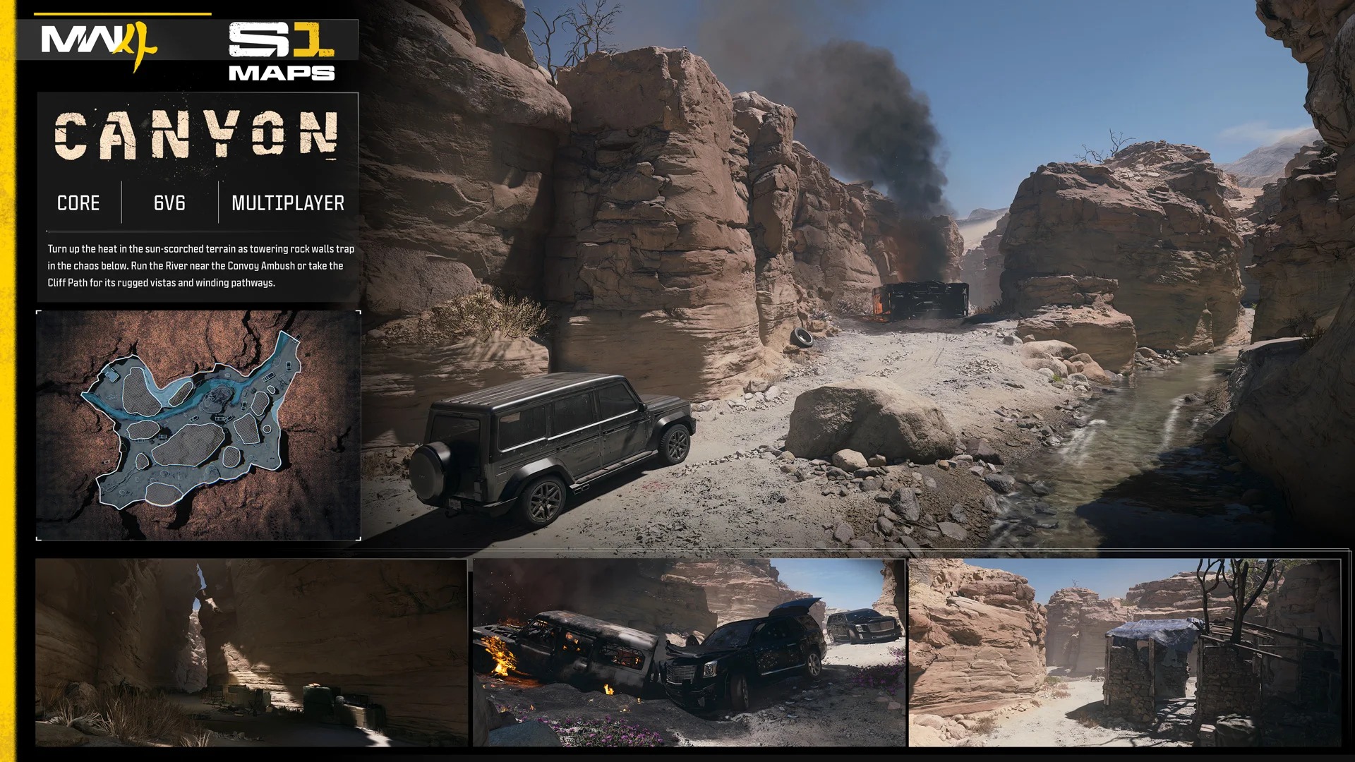 The official Canyon map board — towering rock walls, the River by the Convoy Ambush site, the Cliff Path, the northern Cave and the central Mesa