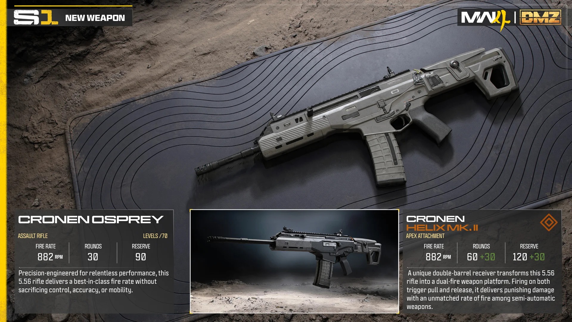 The official Cronen Osprey weapon board — the 882-RPM 5.56 assault rifle, Battle Pass Tier 16, with the Cronen Helix Mk. II double-barrel Apex Attachment