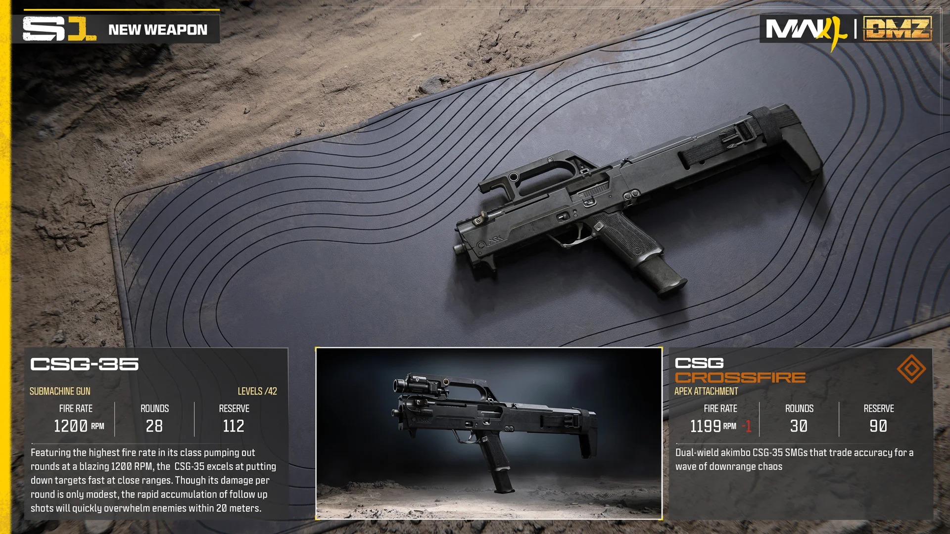The official CSG-35 weapon board — the 1,200-RPM SMG, the highest fire rate in its class, Battle Pass Tier 36, with the CSG Crossfire akimbo Apex Attachment