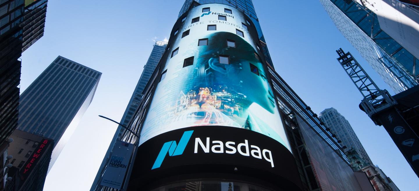 The Nasdaq tower in Times Square displaying an advertisement