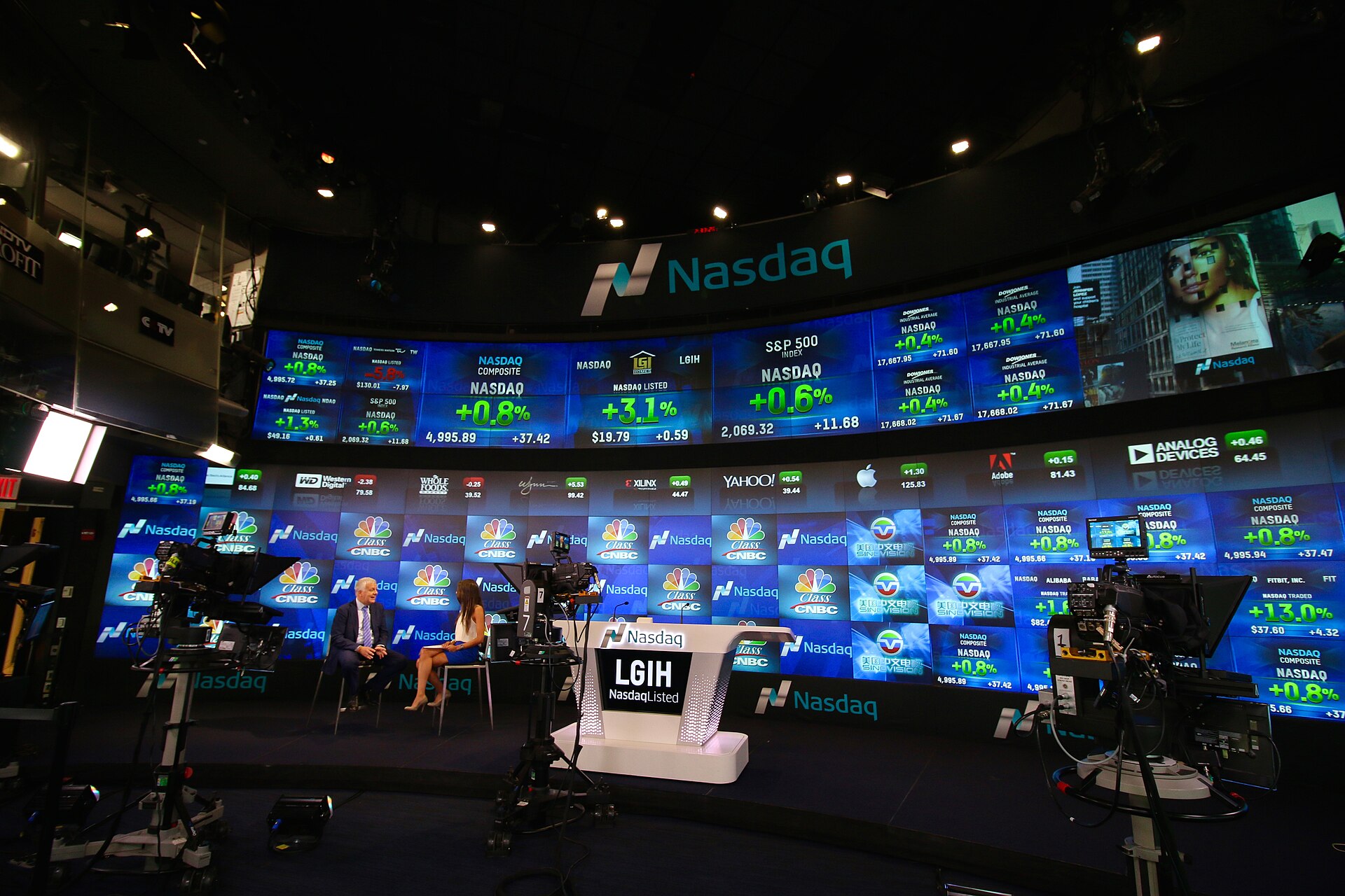 The Nasdaq MarketSite tower and broadcast studio in Times Square, New York
